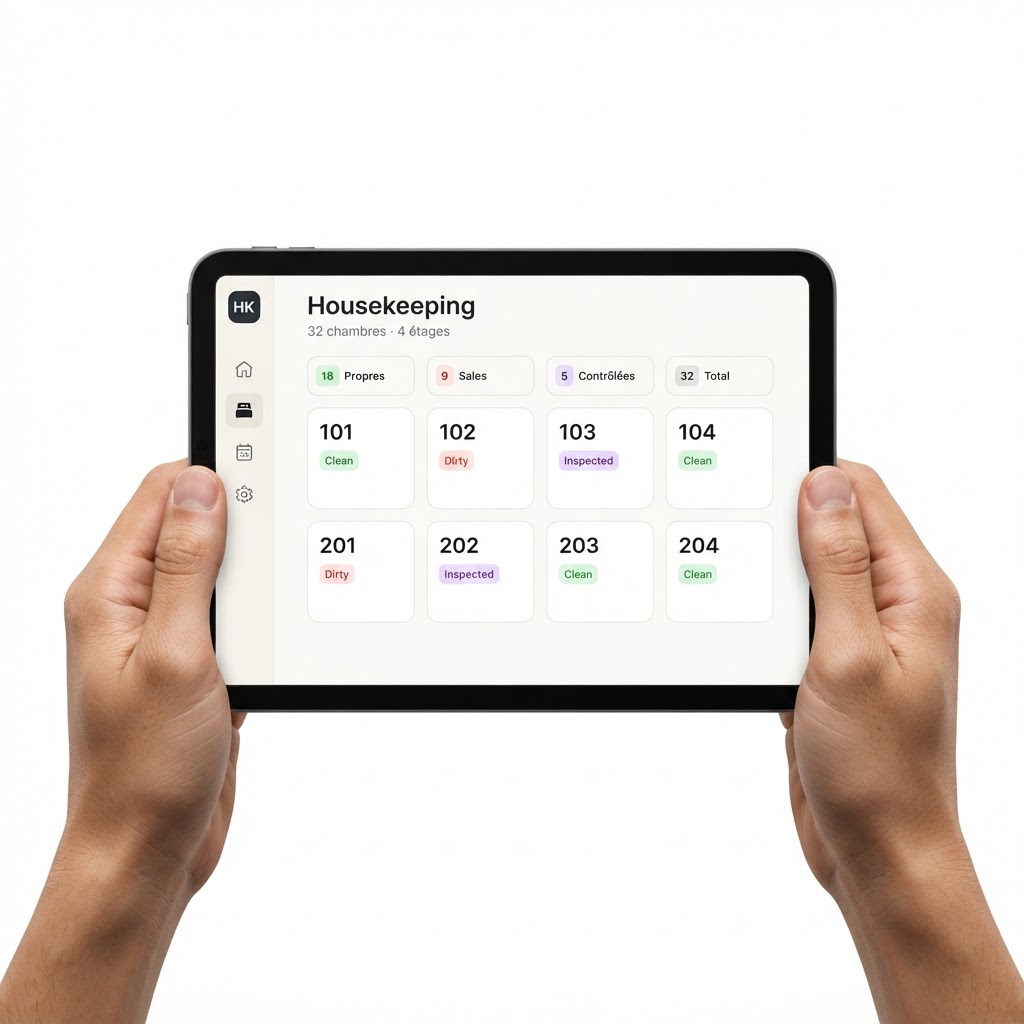 HouseKeepio — module Housekeeping sur iPad mini tenu à deux mains