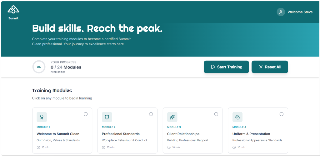Summit Academy training platform - every Summit Clean operative completes 24 modules before working unsupervised