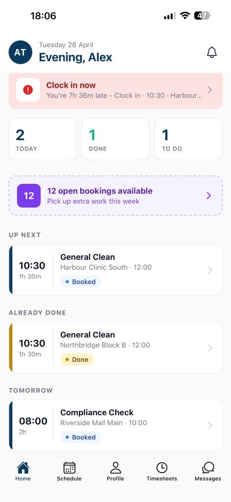 Xota app clock-in screen showing Summit Clean operative shift management