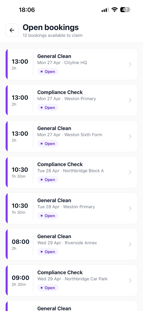 Xota bookings screen showing scheduled cleaning tasks and compliance checks