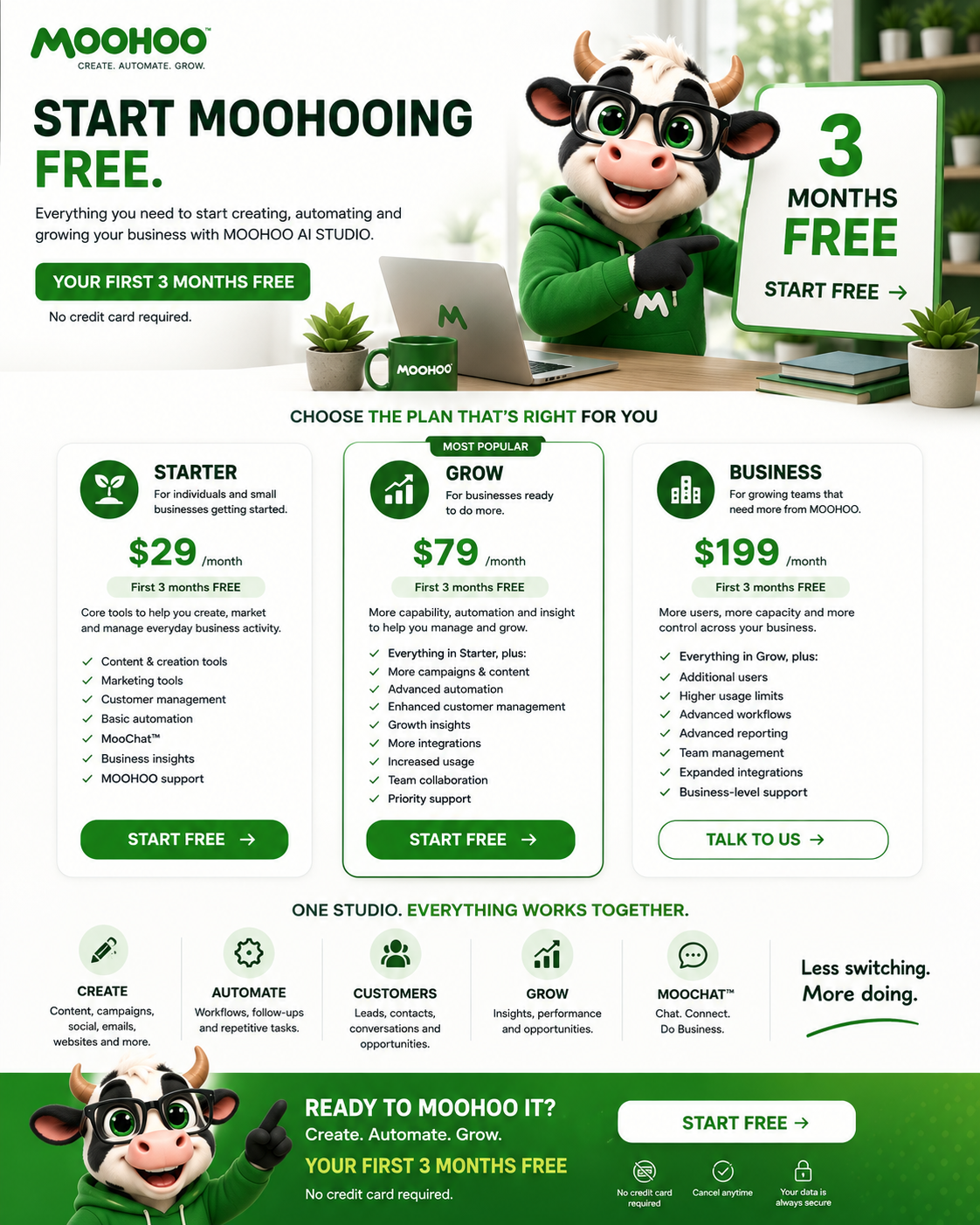 MOOHOO™ mascot pointing at 3 months free offer