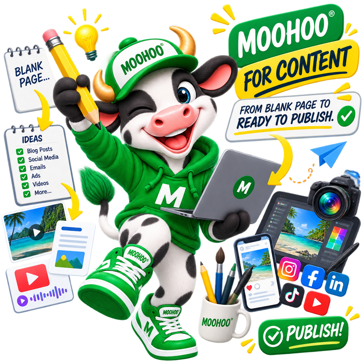 MOOHOO™ mascot — From blank page to ready to publish