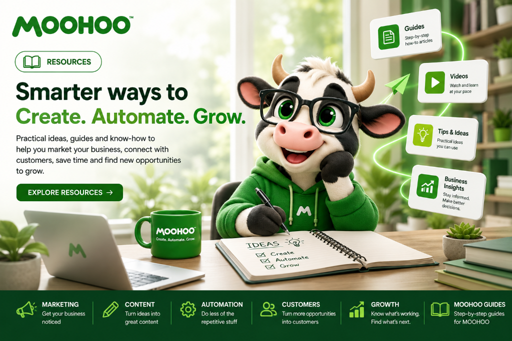MOOHOO™ mascot writing ideas at a desk