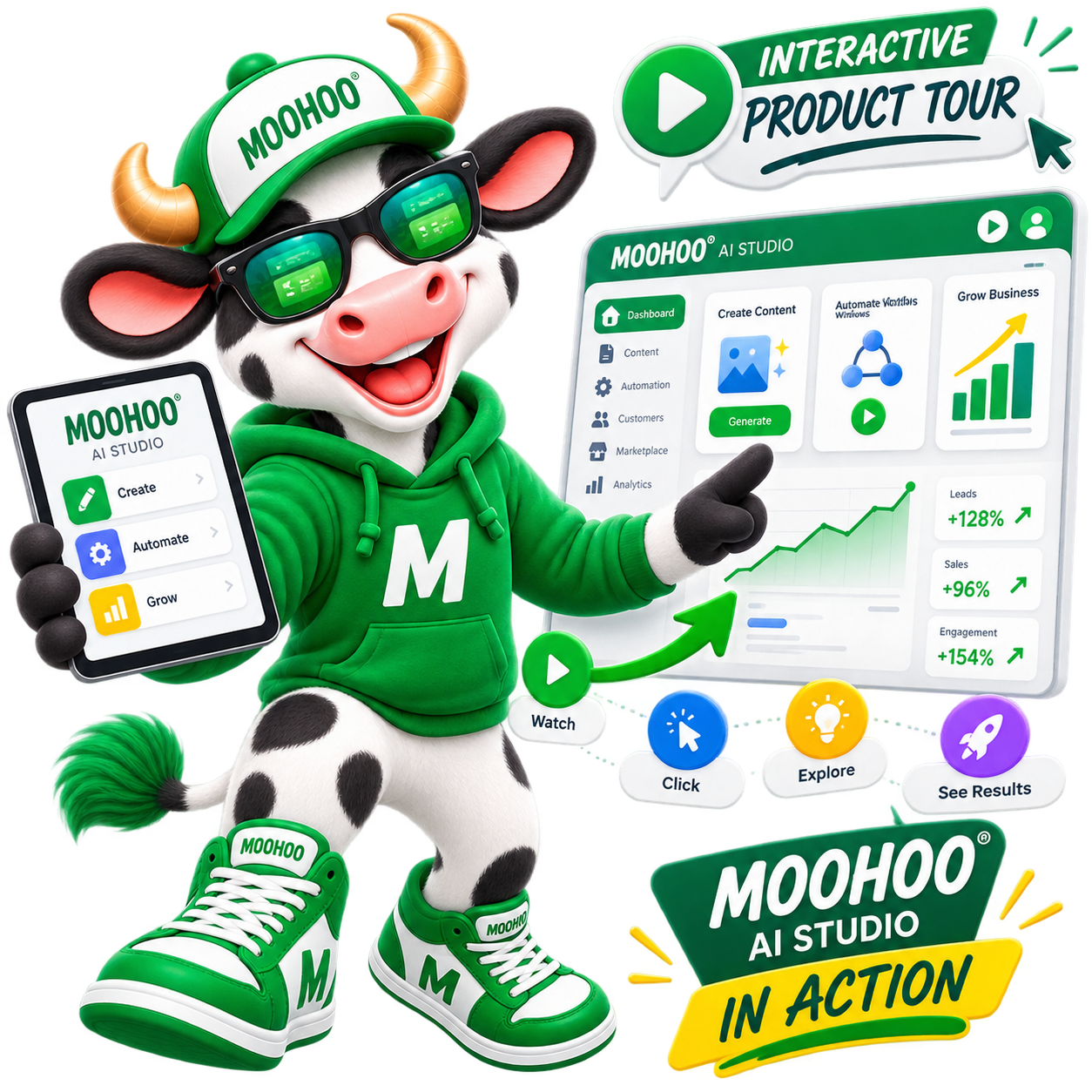 MOOHOO® mascot — interactive product demo