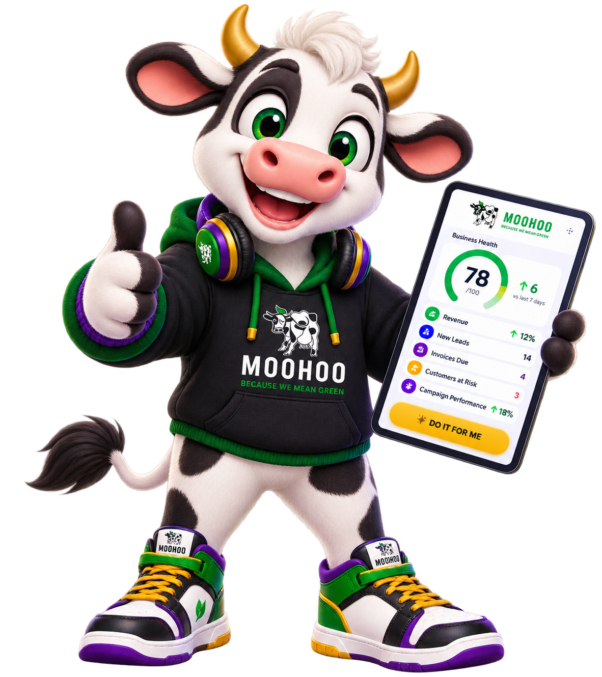 MOOHOO™ Business Command — mascot with tablet dashboard