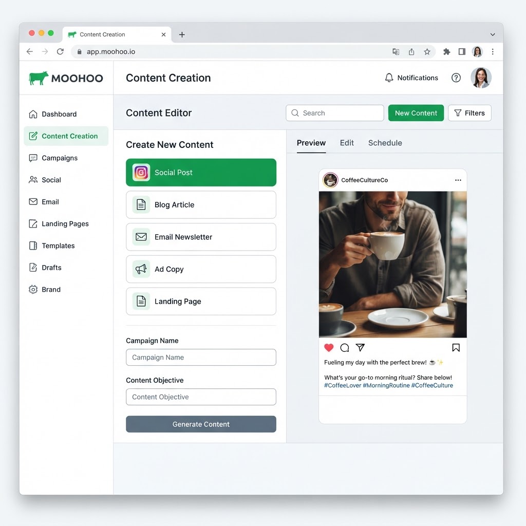 MOOHOO AI STUDIO — Content Creation interface