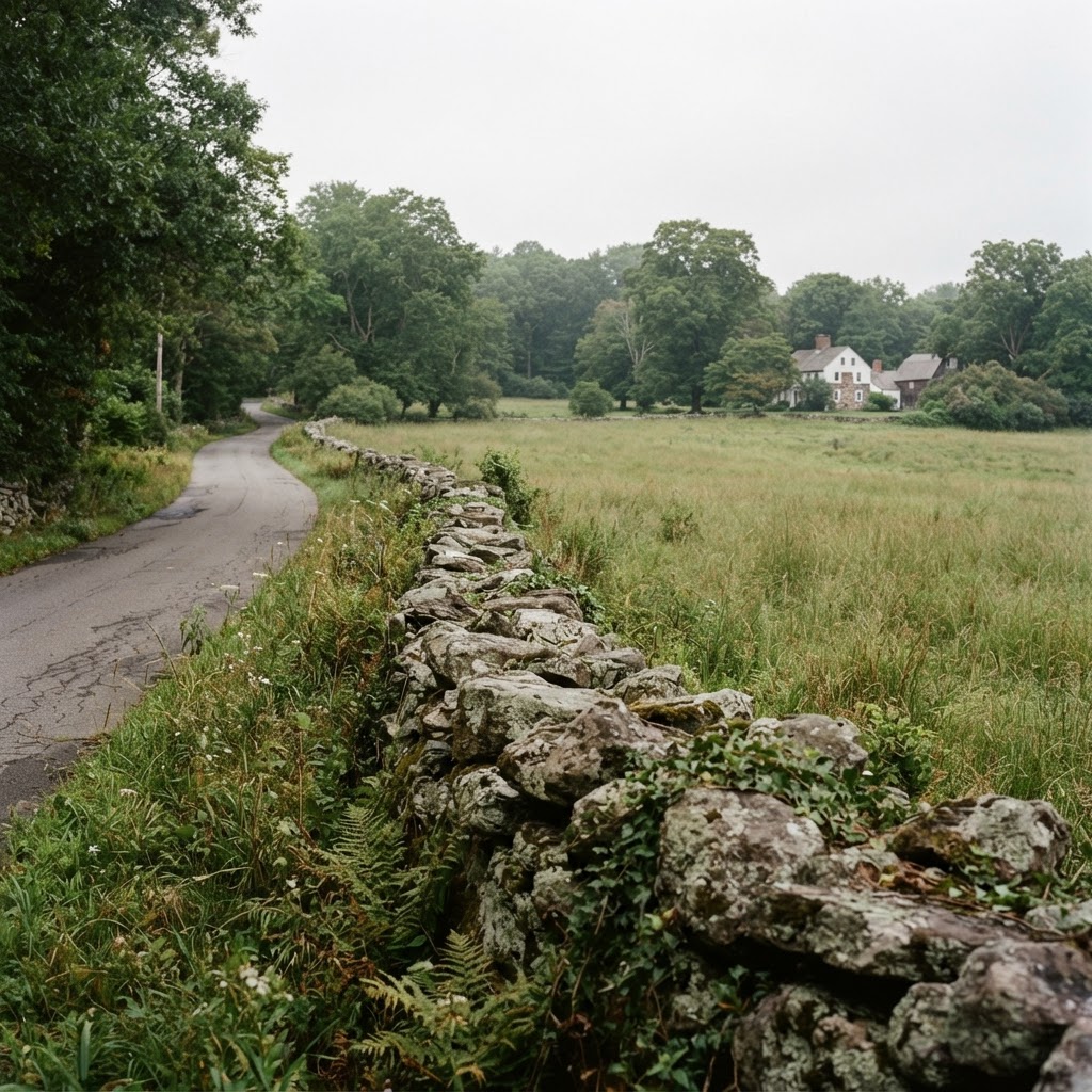 Stone wall along a quiet country road in Woodbury, Connecticut
