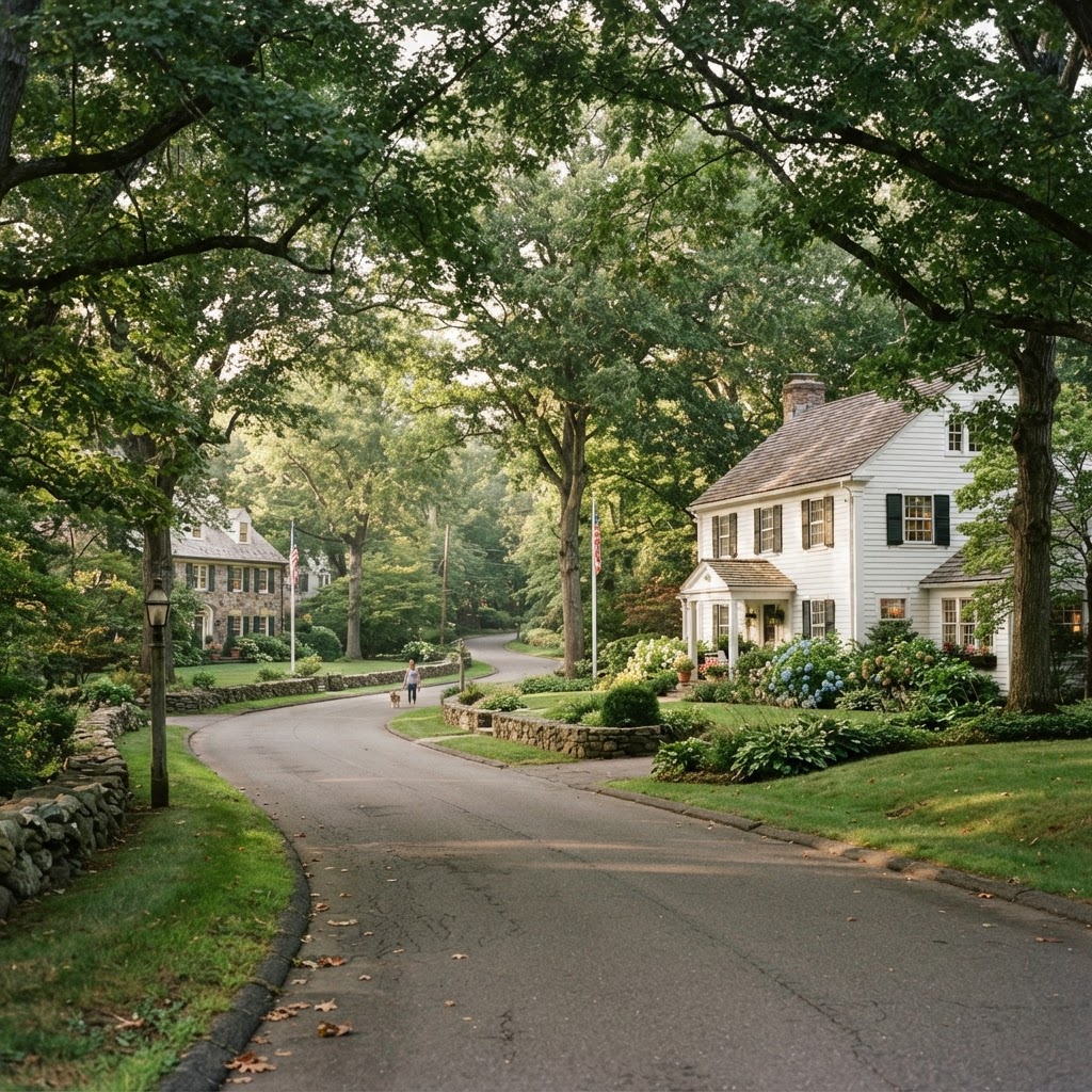 Residential road in Ridgefield, Connecticut