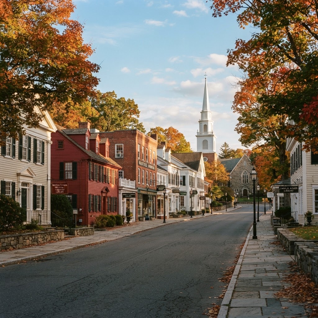 Historic Connecticut village street in autumn
