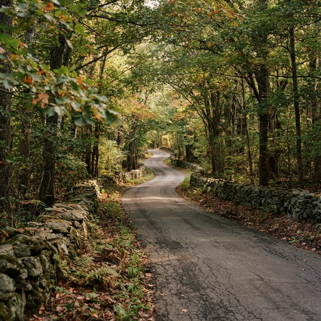 Wooded country road with stone walls in Ridgefield, Connecticut
