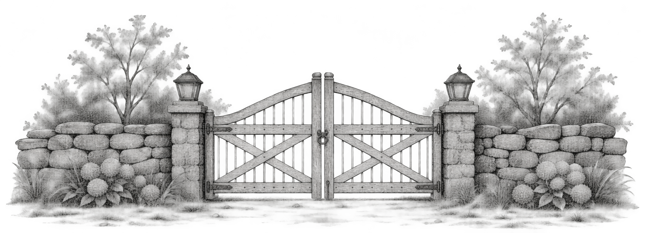 A pen-and-ink illustration of a gated stone entrance — a threshold between two stages.