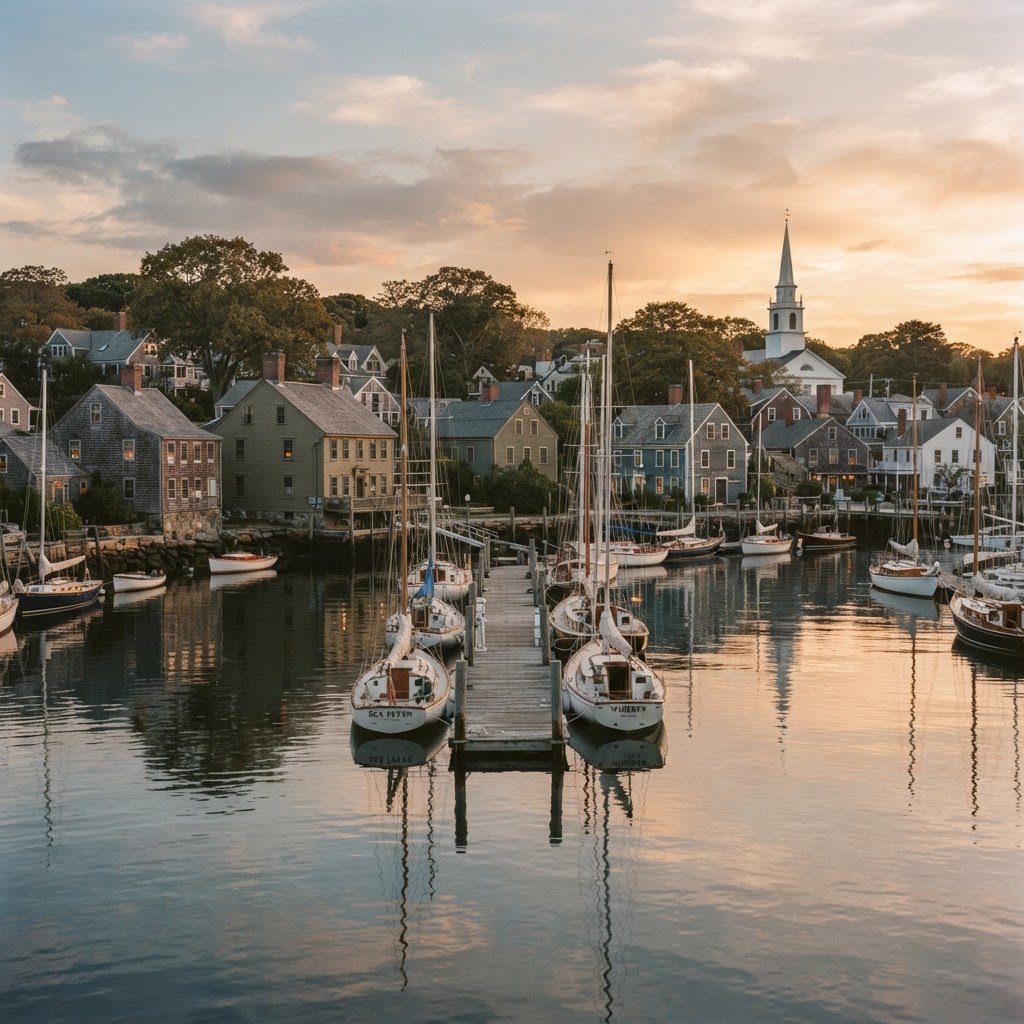 Connecticut shoreline harbor with sailboats