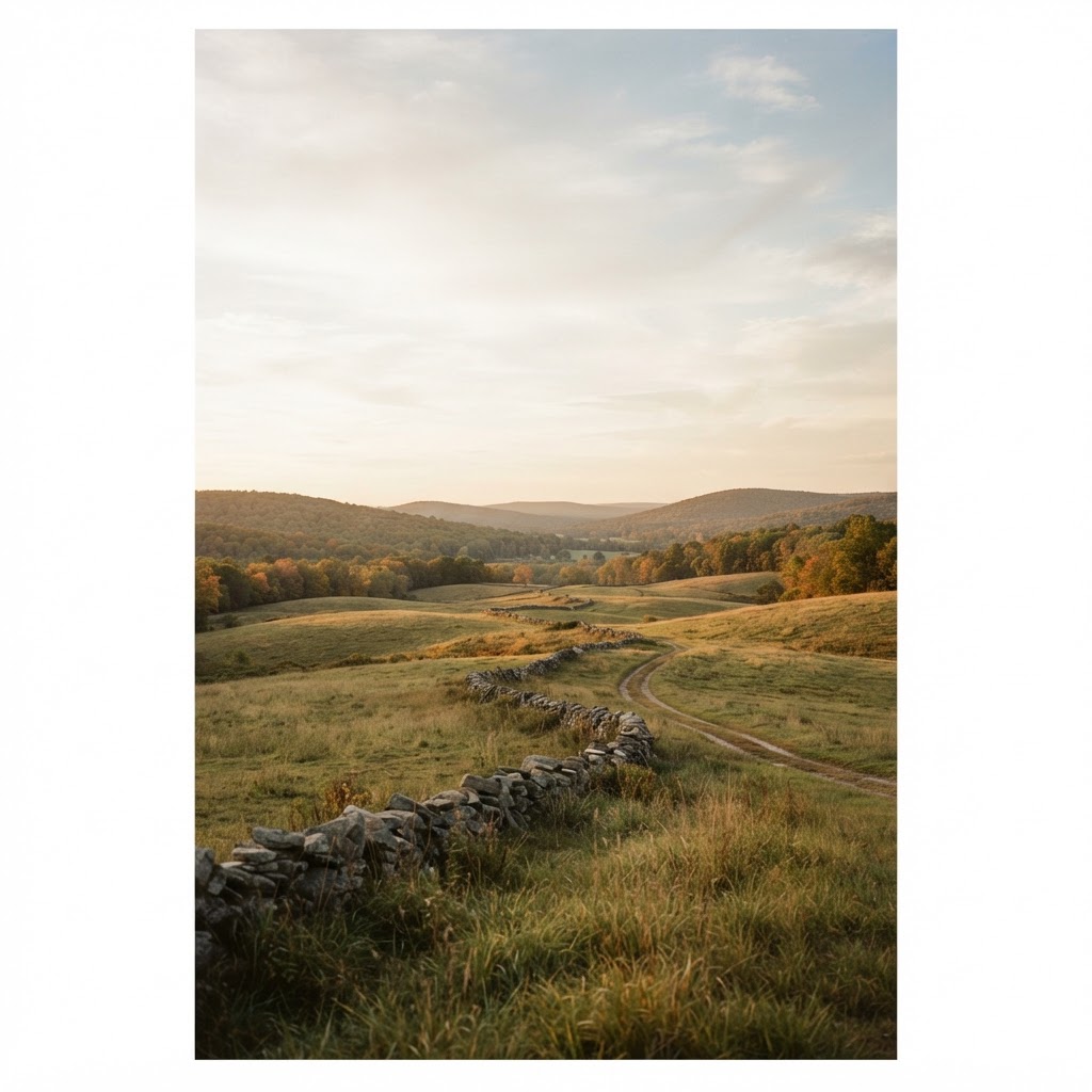 Late-day sunlight over rolling Connecticut countryside