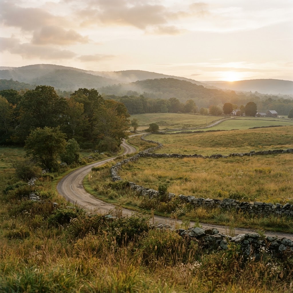 Golden-hour Connecticut landscape with stone walls and rolling countryside