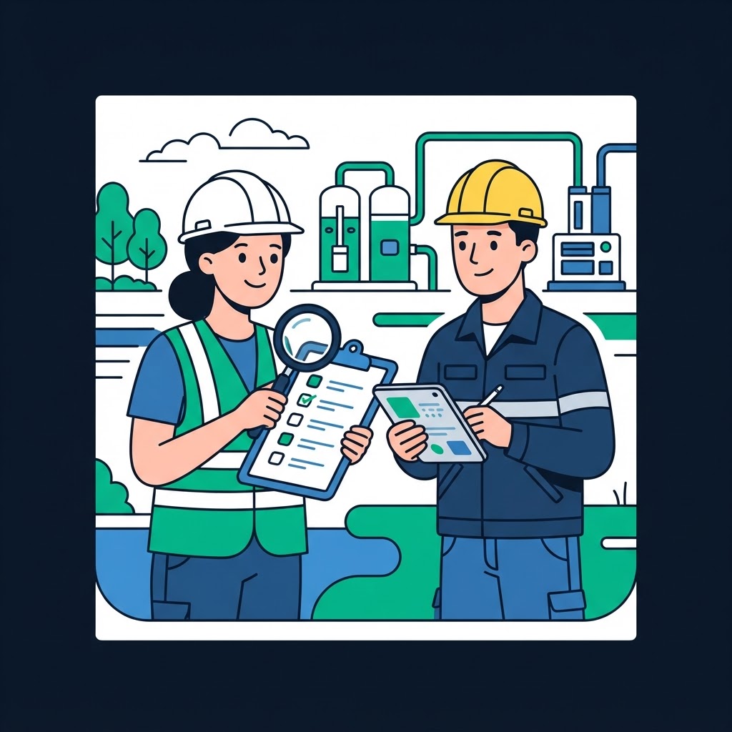 Cartoon illustration of an environmental consultant evaluating a remediation contractor with a checklist