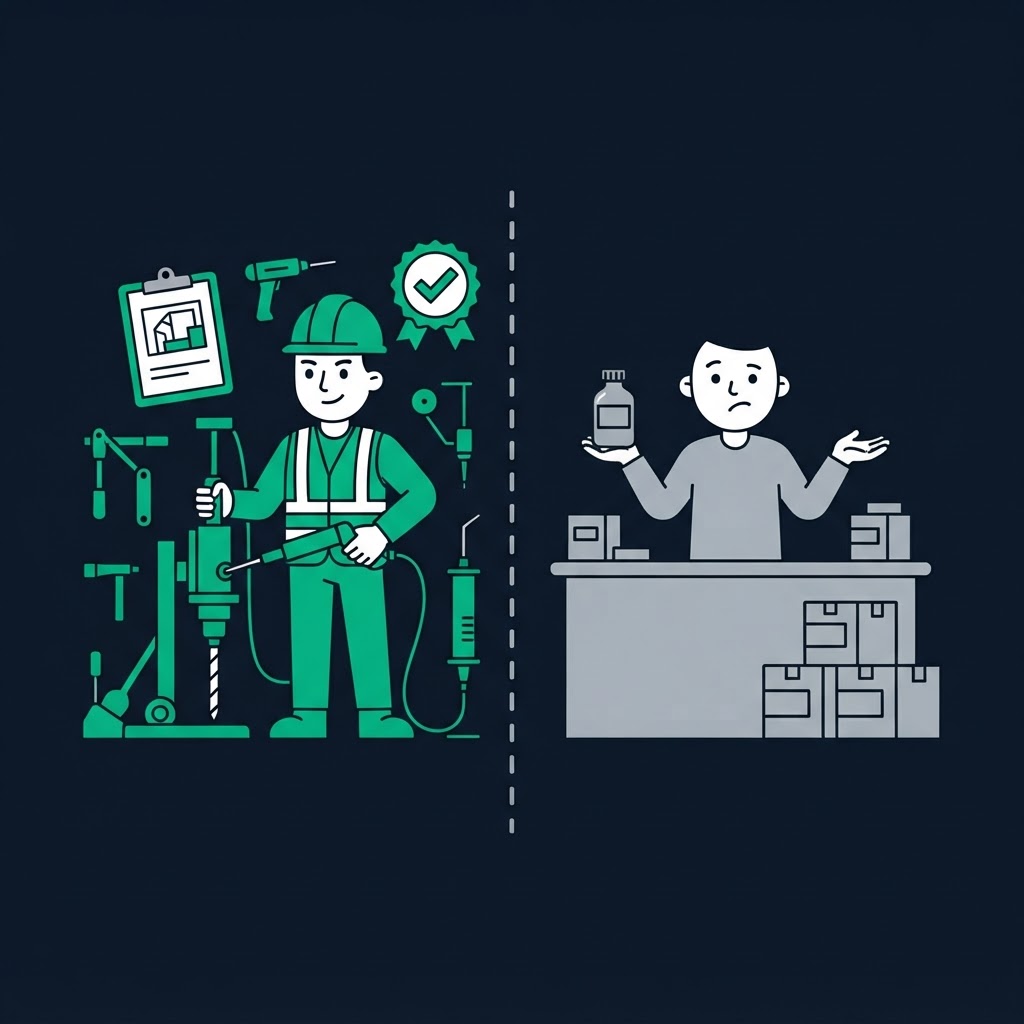 Cartoon illustration comparing a full-service remediation contractor with drilling equipment to a reagent supplier with just chemicals