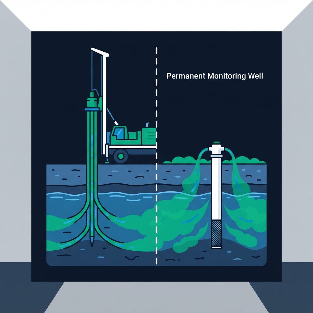 Cartoon illustration comparing direct-push injection rods with permanent well injection underground
