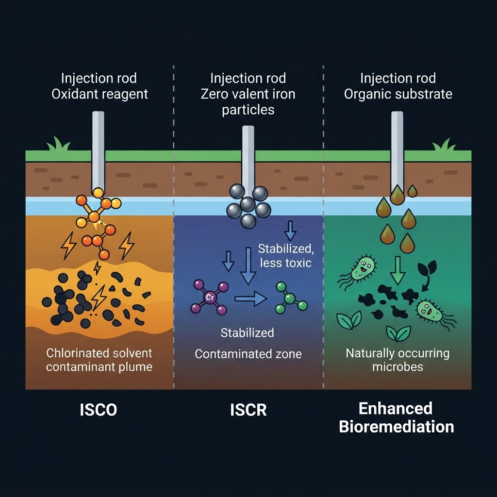 Cartoon illustration comparing three in situ remediation technologies: ISCO chemical oxidation, ISCR chemical reduction, and enhanced bioremediation