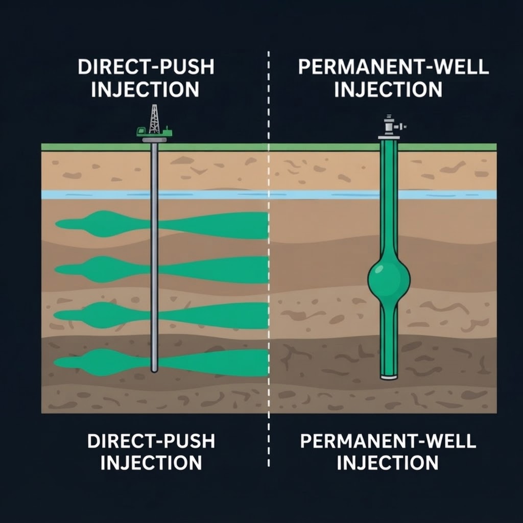 Cartoon cross-section comparing a single DPT direct-push point creating four horizontal reagent zones vs a permanent well with reagent distributed across the lower 75% of the well screen