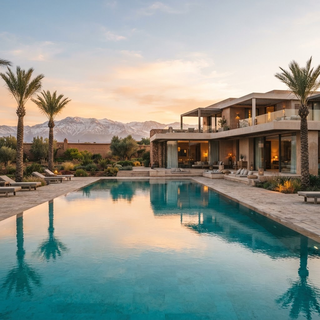 Villa de luxe avec piscine, montagnes de l'Atlas et palmiers à Marrakech