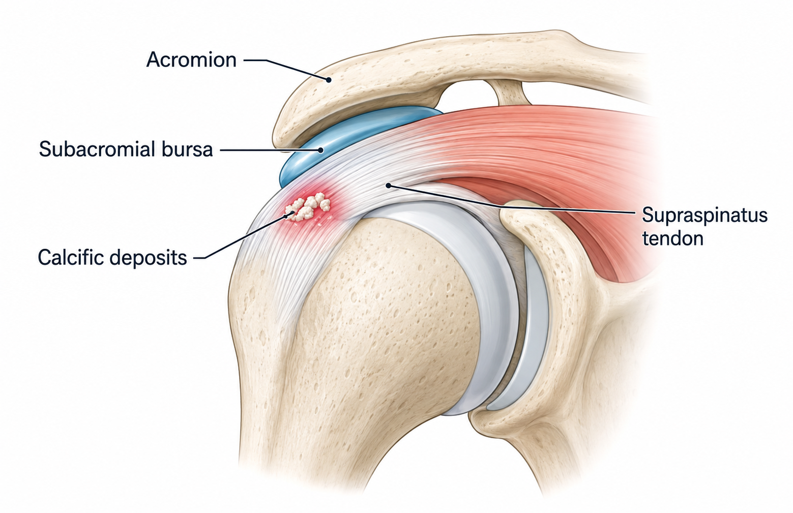 Calcific deposits within the supraspinatus tendon of the shoulder