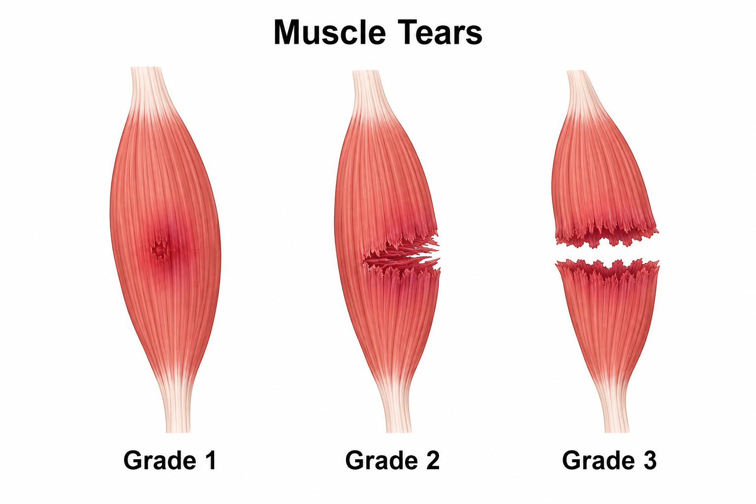 Grade 1, Grade 2 and Grade 3 muscle tears