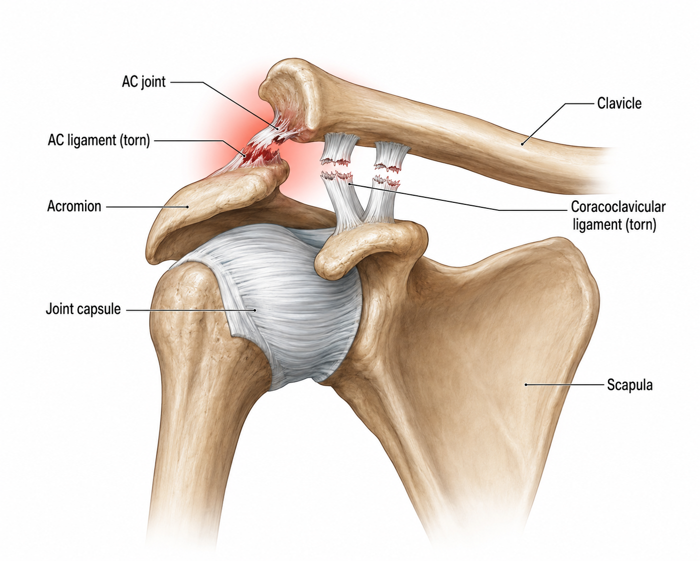 AC joint injury showing torn acromioclavicular and coracoclavicular ligaments