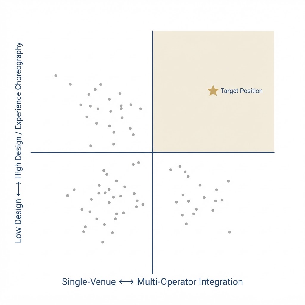 Competitive Positioning Map — the gold target quadrant (high design, multi-operator integration) is structurally empty white space