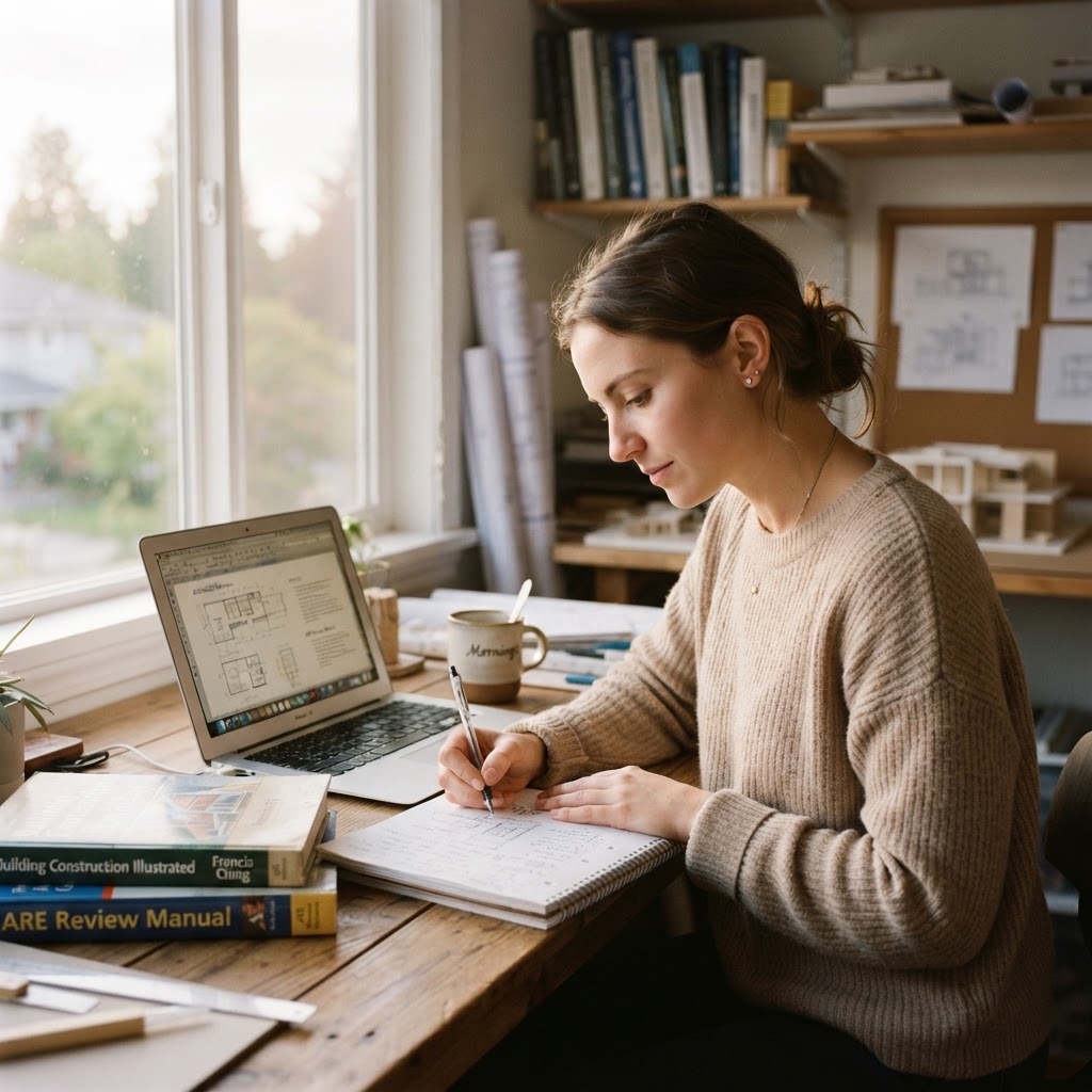 An architecture candidate studying at a laptop