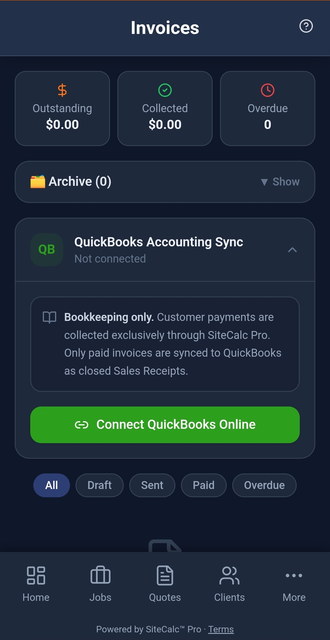 SiteCalc™ Pro Invoices screen showing outstanding, collected, and overdue totals with QuickBooks sync