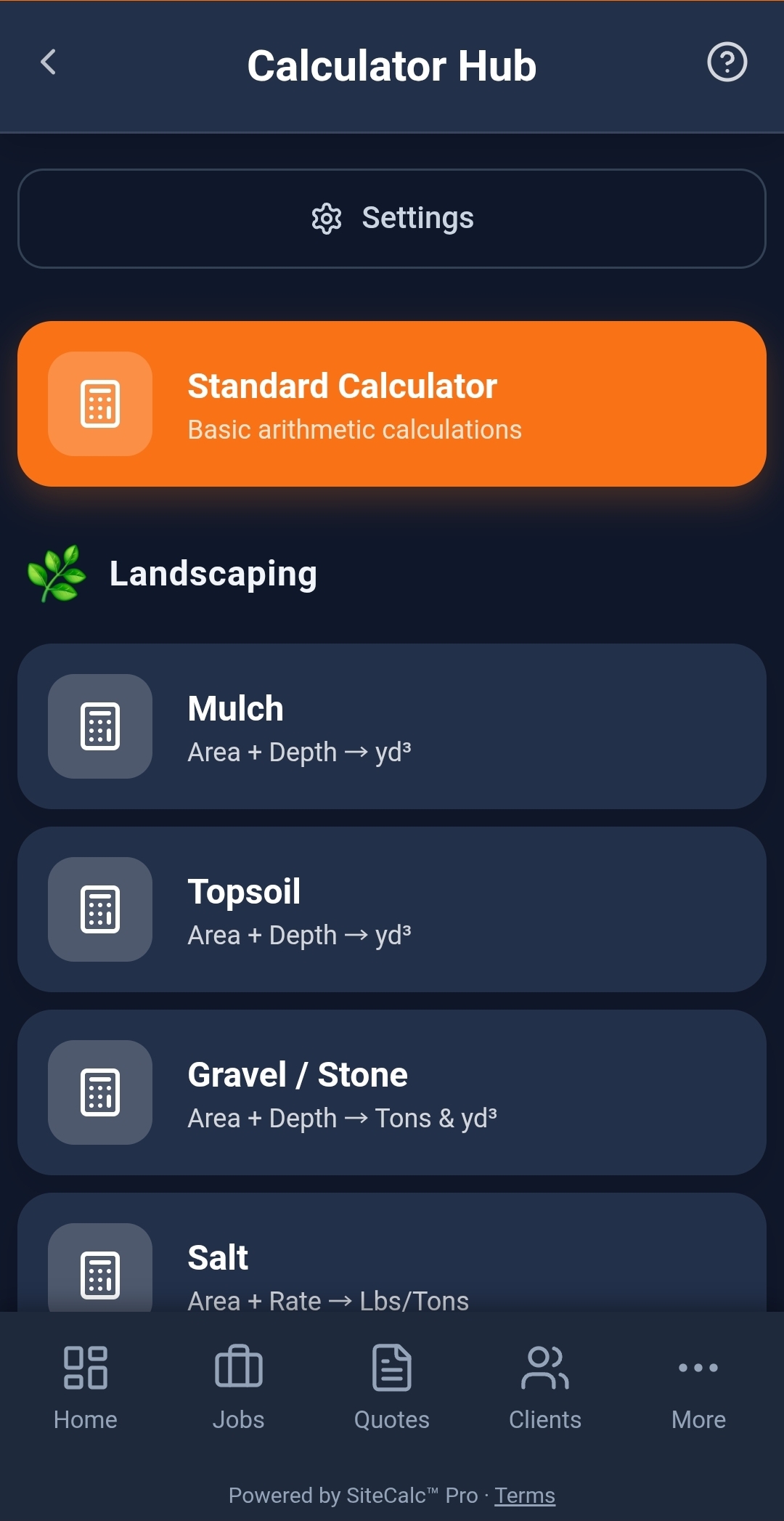 SiteCalc™ Pro Calculator Hub screen showing landscaping calculators like mulch, topsoil, and gravel