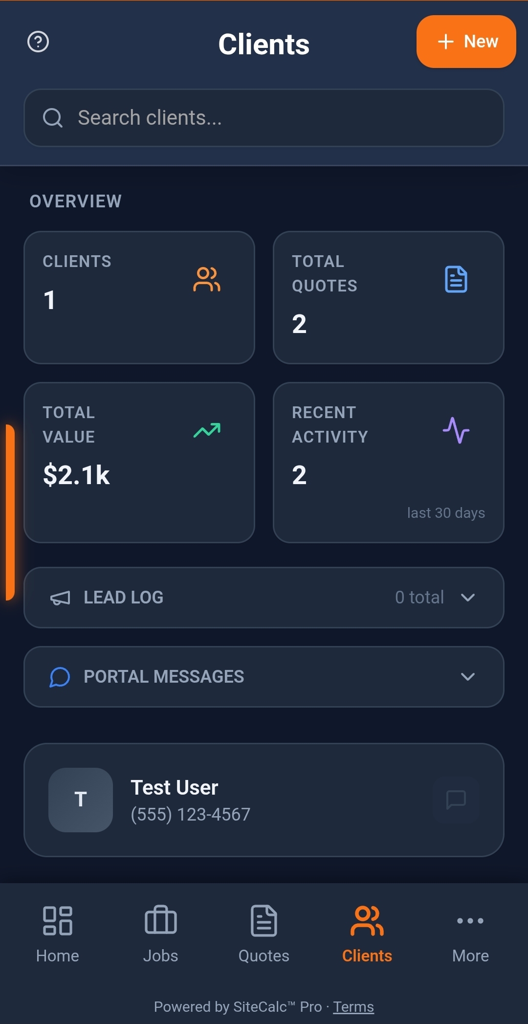SiteCalc™ Pro Clients screen showing client overview stats and client list