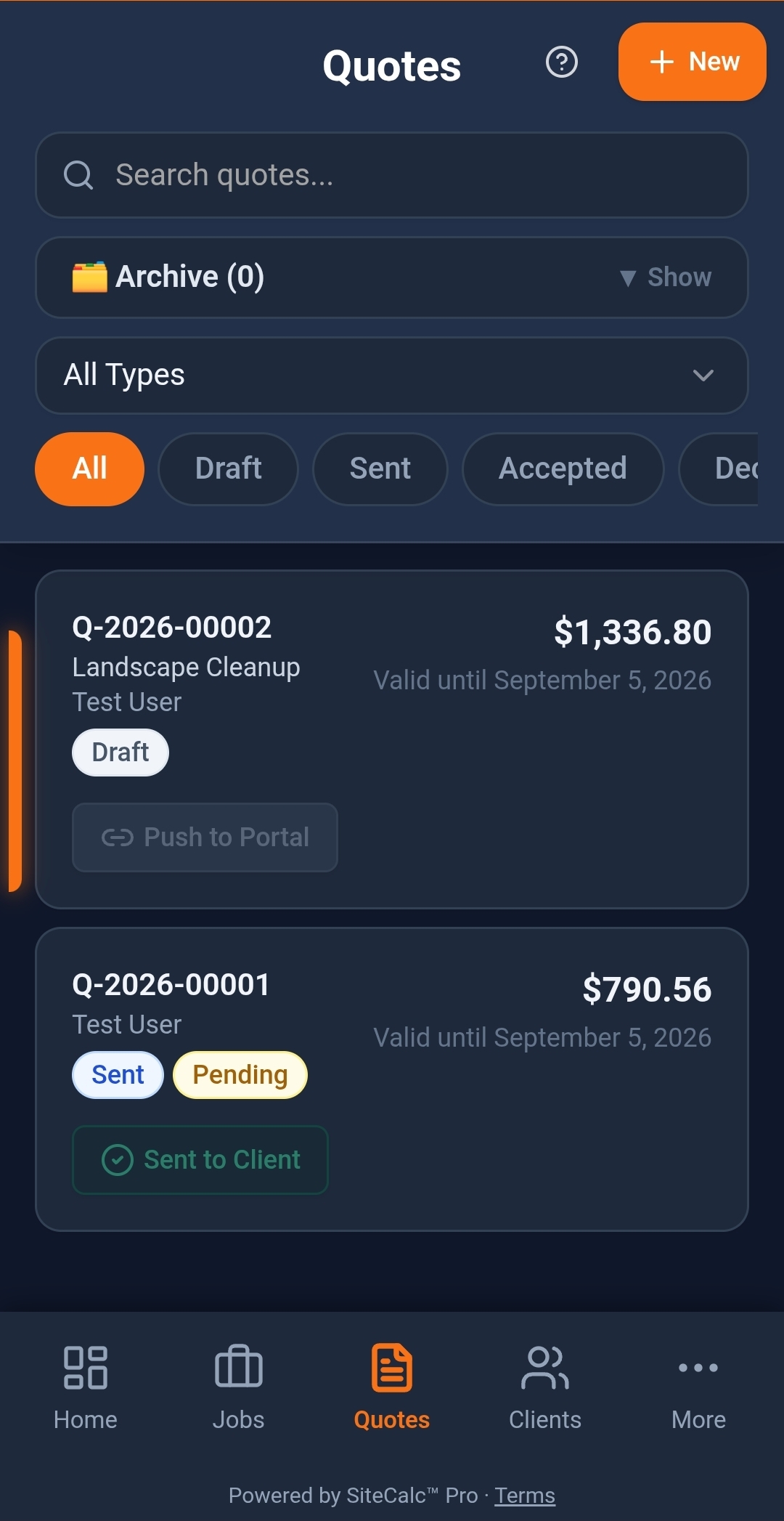 SiteCalc™ Pro Quotes screen showing a list of quotes with statuses and totals