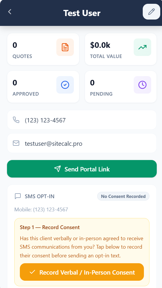 Screenshot of SiteCalc® Pro client detail page showing the SMS opt-in panel