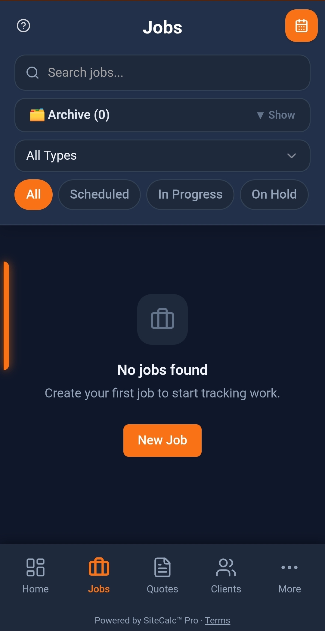 SiteCalc™ Pro Jobs screen showing job search, filters, and the create-new-job button