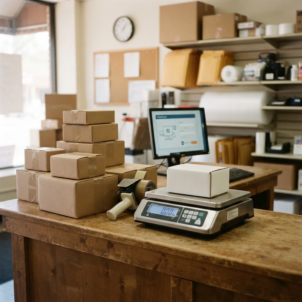 Service counter with shipping scale and boxes