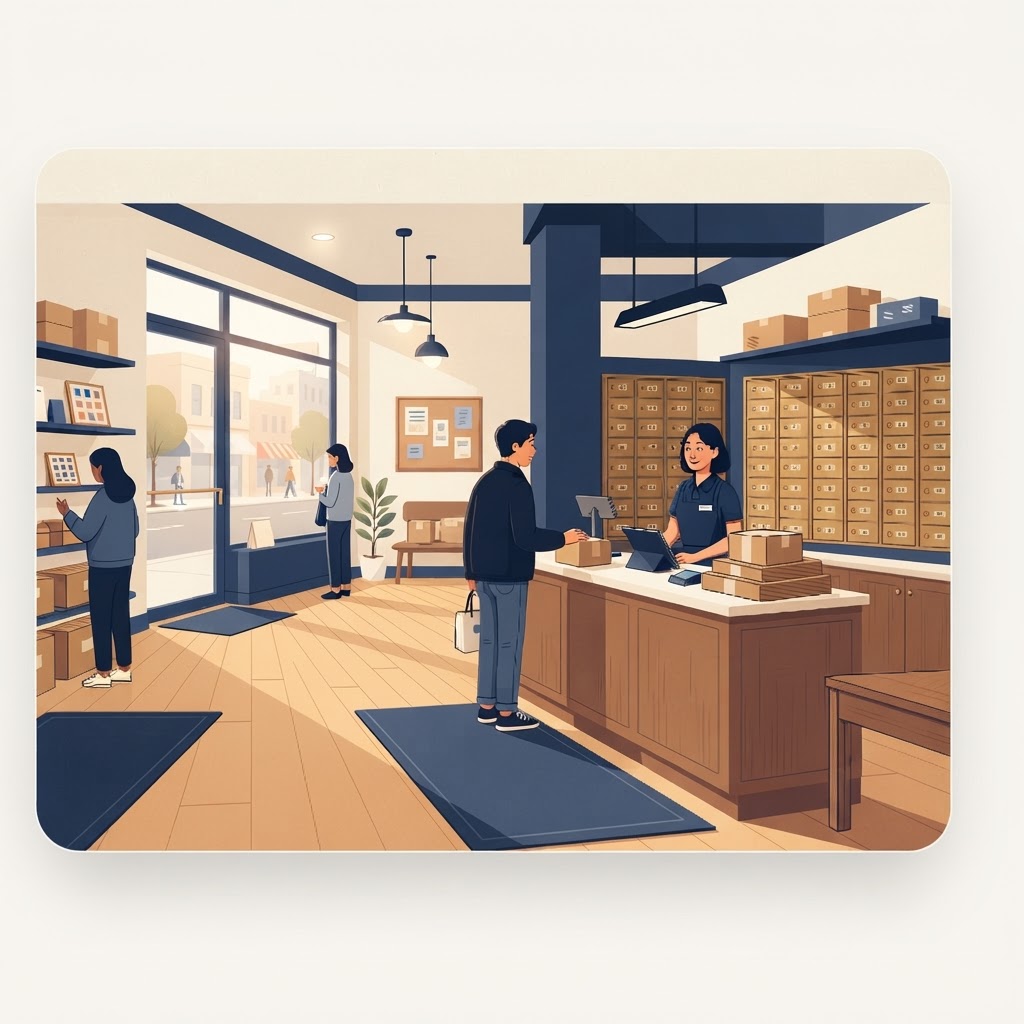 Inside Wilshire Shipping Center — service counter and private mailbox wall