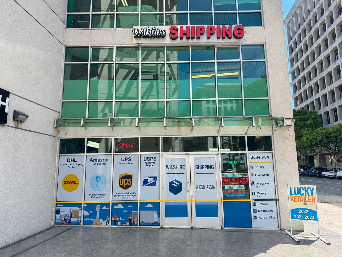 Wilshire Shipping Center storefront on Wilshire Blvd in Koreatown, Los Angeles