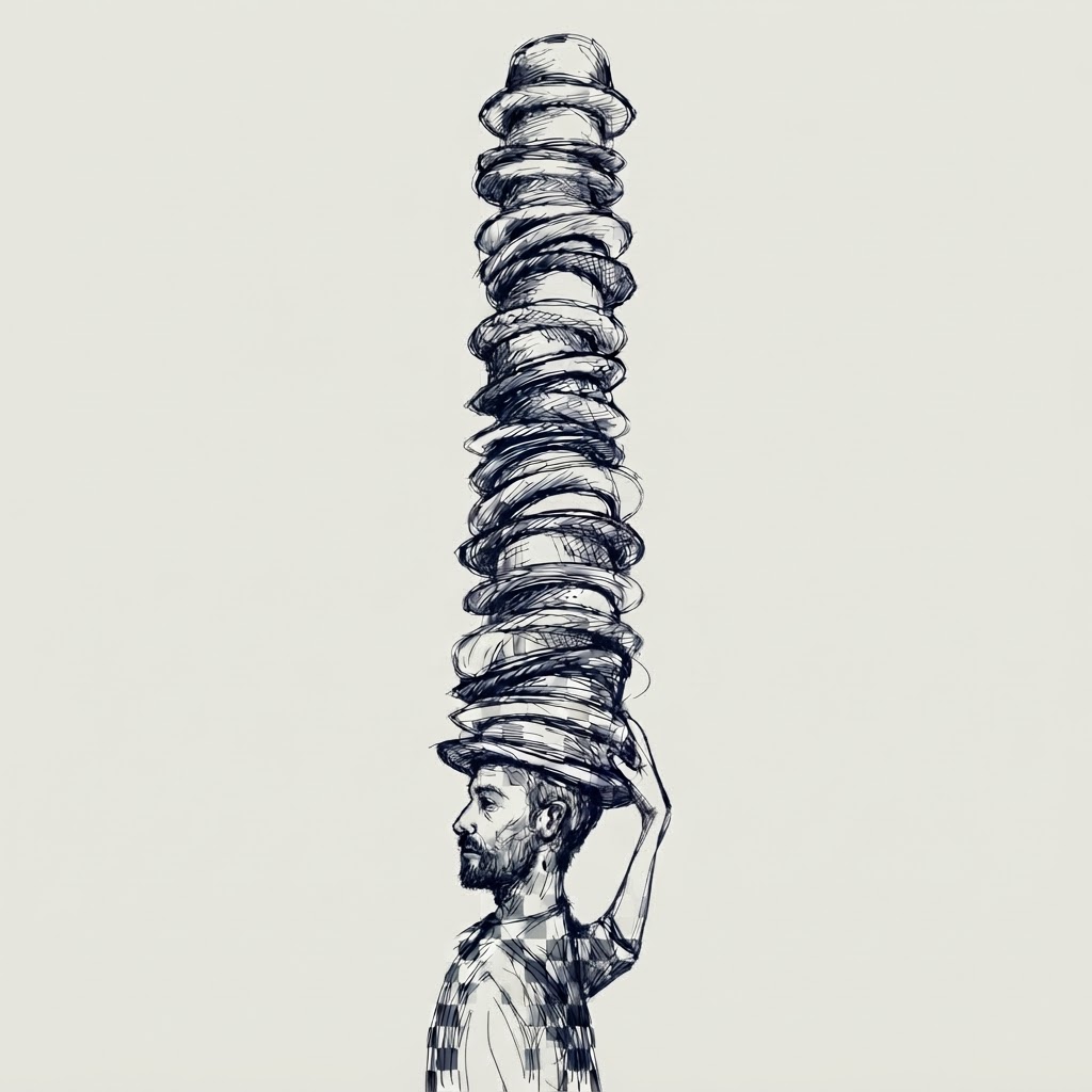Original pen-and-ink sketch from Sombreristas: a man balancing a tall stack of hats