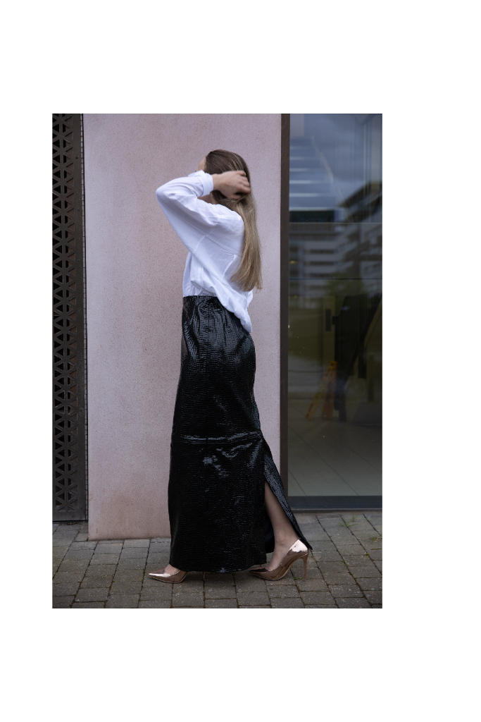 Black Croc-Embossed Goat Leather Maxi Skirt