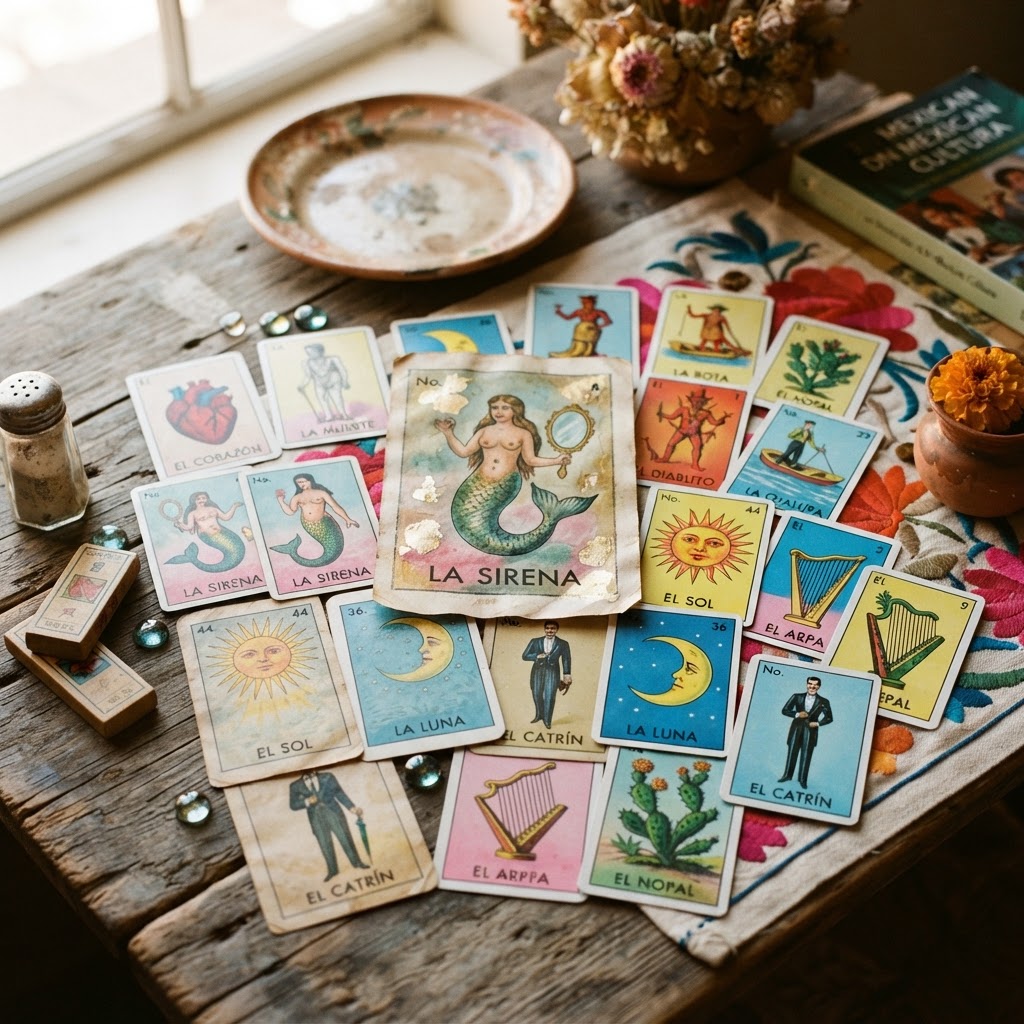 Traditional Mexican LoterÃa cards featuring La Sirena, El Sol, and El Catrin with vintage watercolor textures