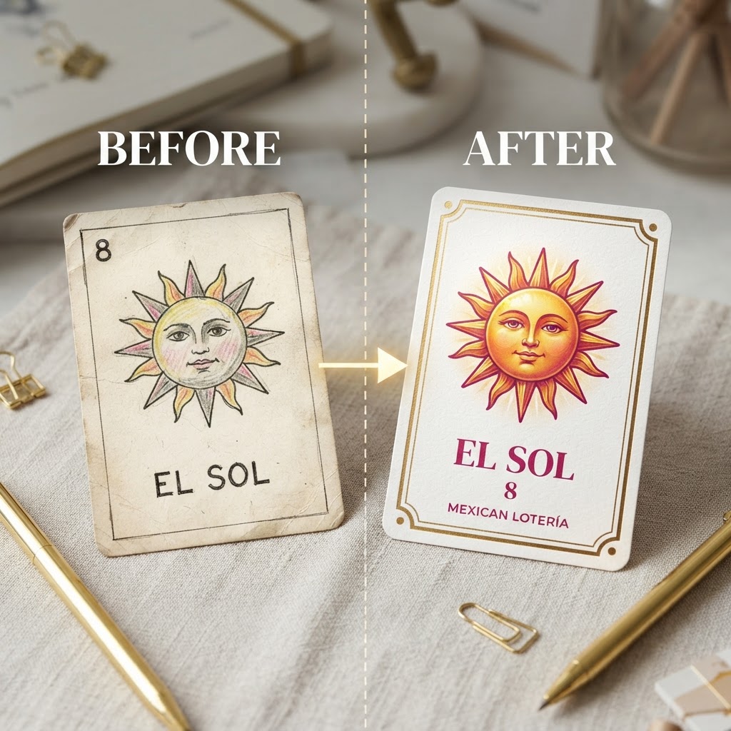 Professional custom LoterÃa card design showing before and after photo transformation with clean typography