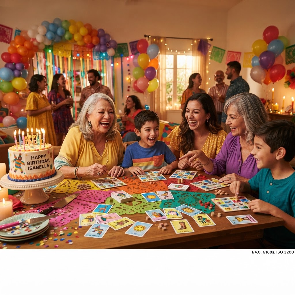 Birthday party loterÃa cards with guests playing custom decks at a festive celebration