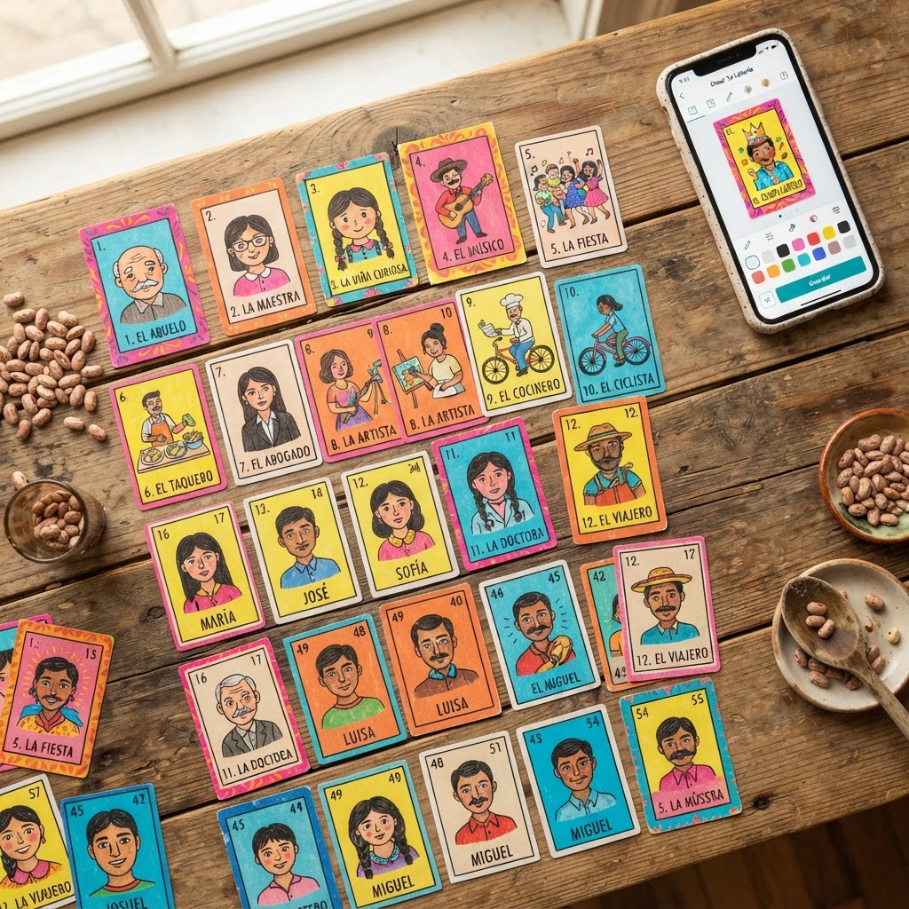 Custom LoterÃa cards spread on a wooden table showing personalized cartoon portraits, made with a loteria card maker app