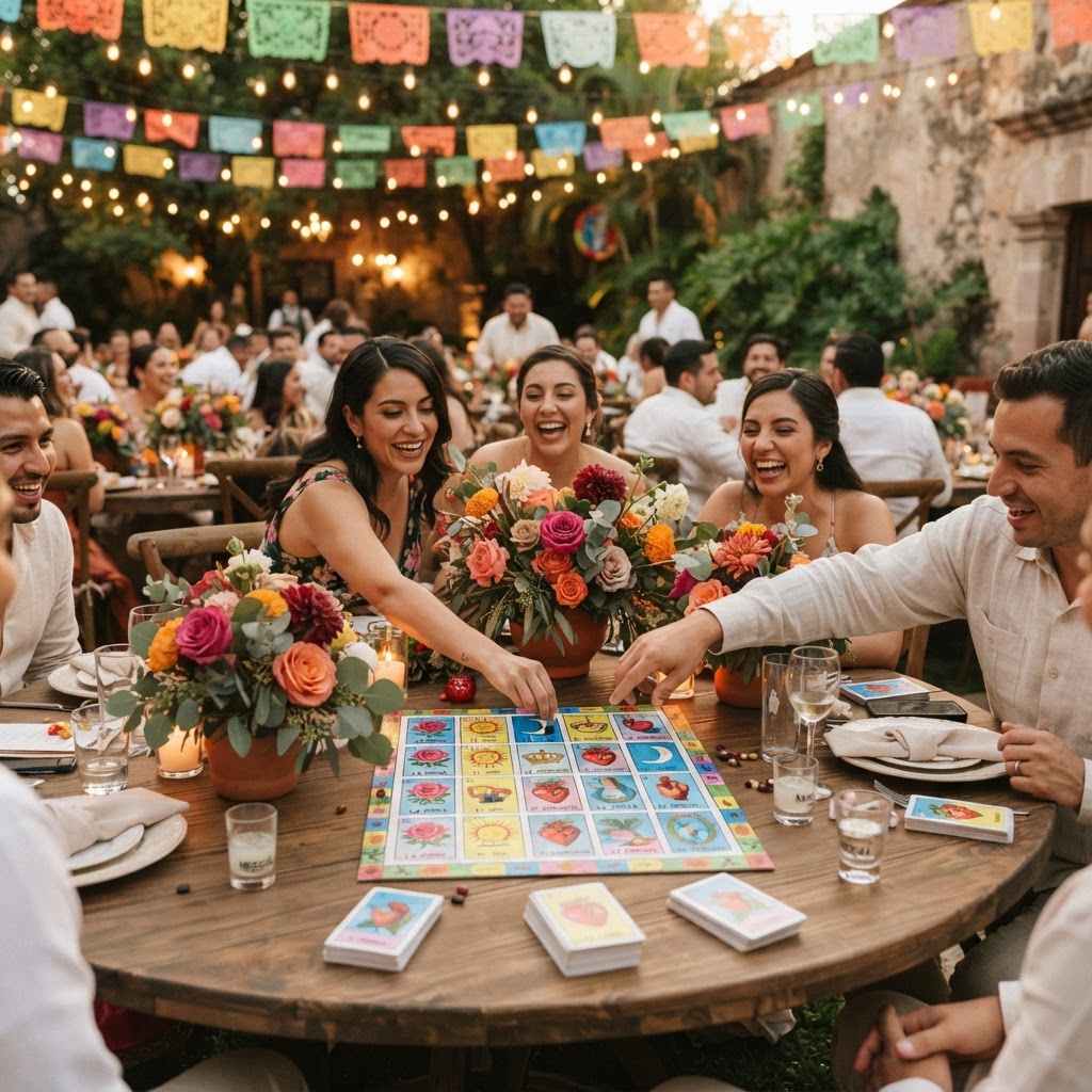 Wedding loterÃa game boards displayed as centerpieces at a decorated reception table