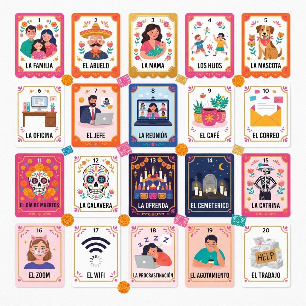 Creative collage of diverse custom LoterÃa card themes including family, workplace, and holiday designs
