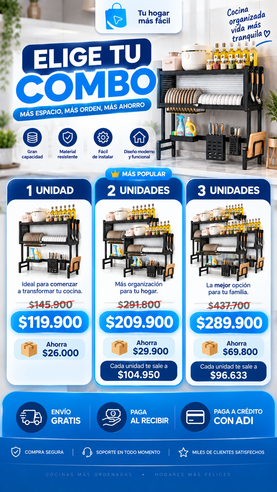 Elige tu combo: 1 unidad $119.900, 2 unidades $209.900, 3 unidades $289.900.