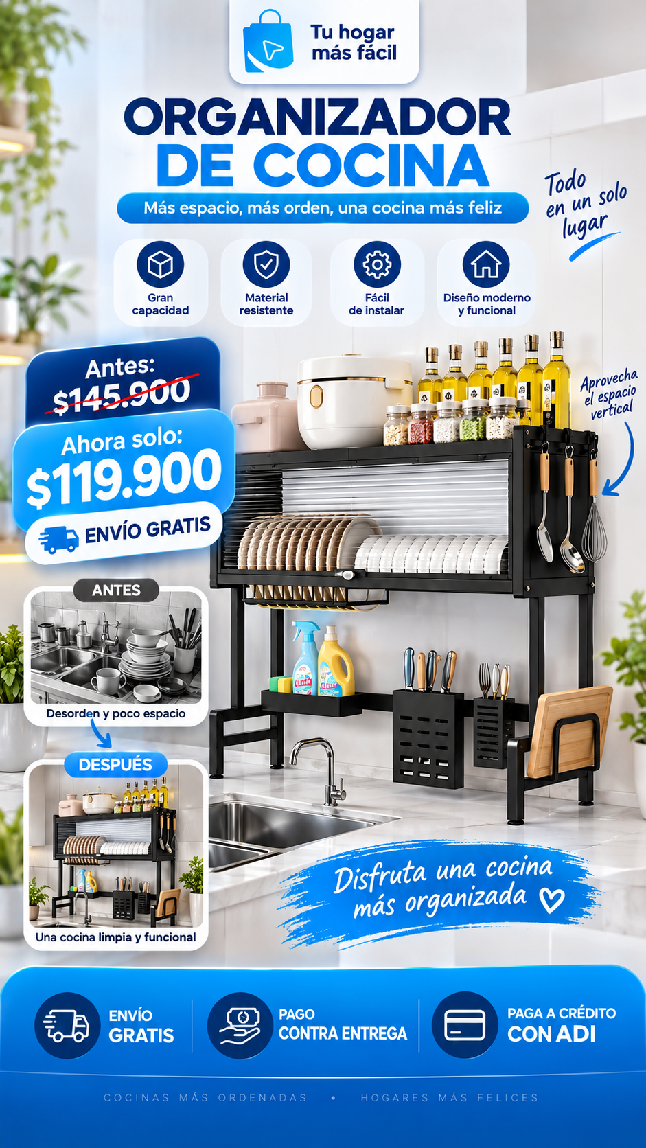 Organizador de cocina: más espacio, más orden. Antes $145.900, ahora $119.900 con envío gratis.