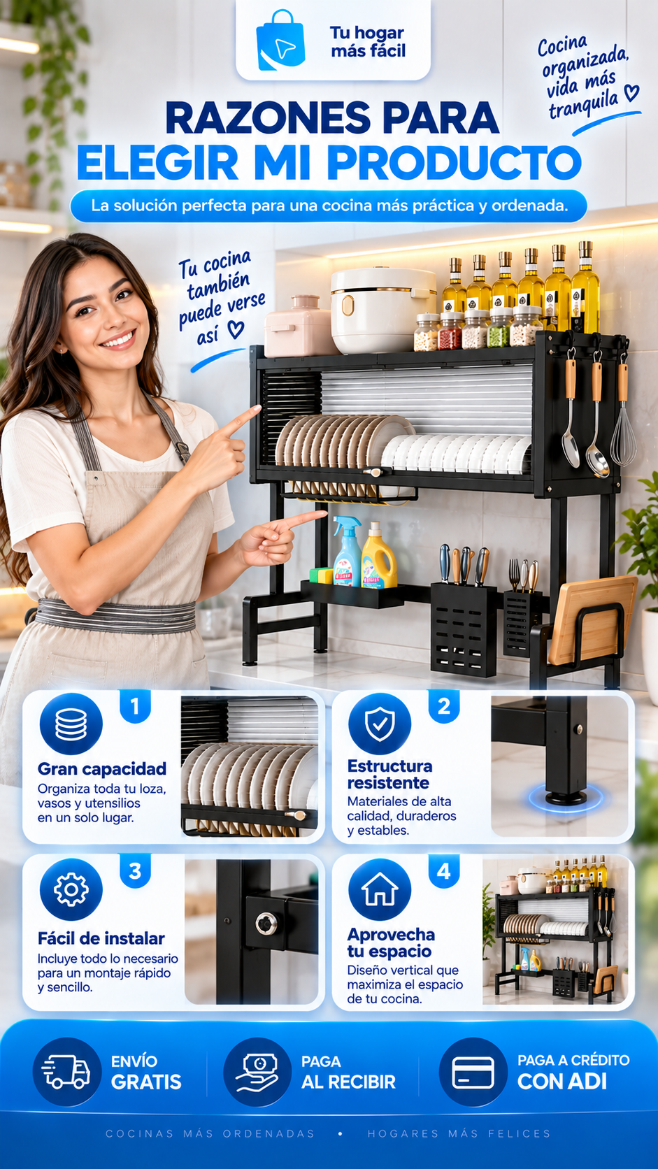 Razones para elegir mi producto: gran capacidad, estructura resistente, fácil de instalar y aprovecha tu espacio.