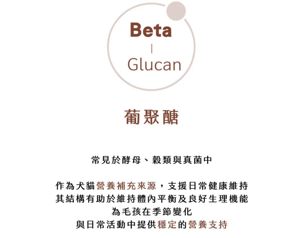葡萄聚醣Beta Glucan,常見於酵母穀類與真菌中,支援毛孩日常健康維持